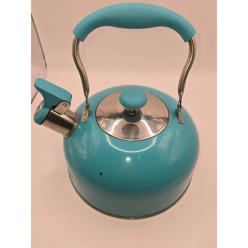 Vibrant Teal / Turquoise Whistling Tea Kettle – Stainless Steel Base (1.5–2 Qt)